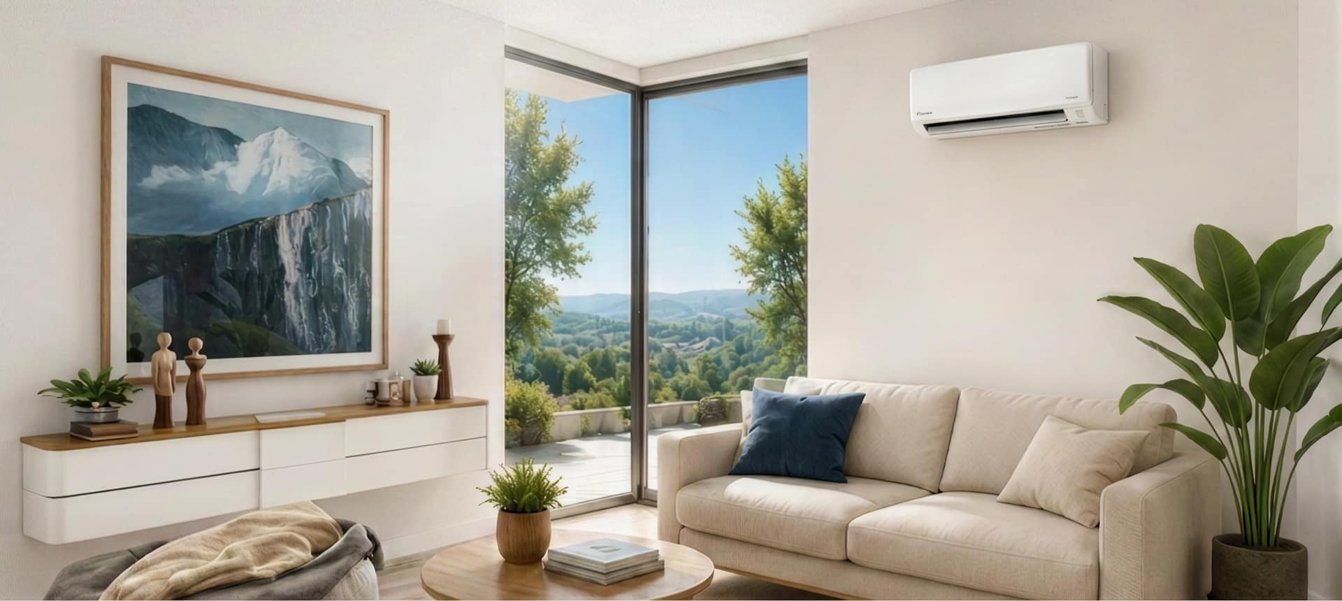 Technicien Klivio installant une unité murale de climatisation réversible dans un salon