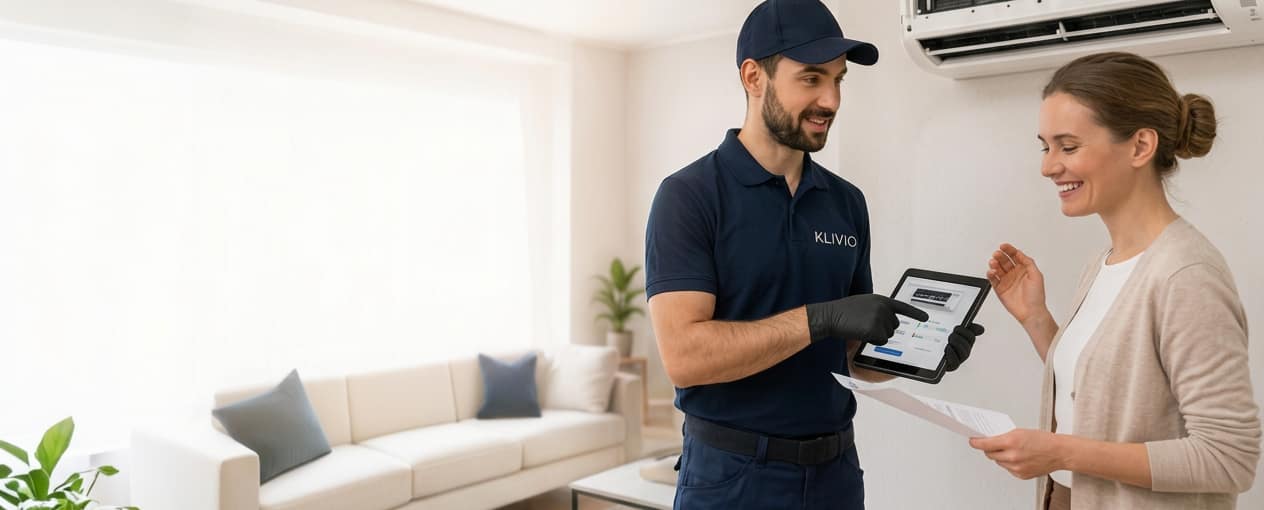 Technicien Klivio présentant un devis sur tablette à une cliente, devant une unité murale