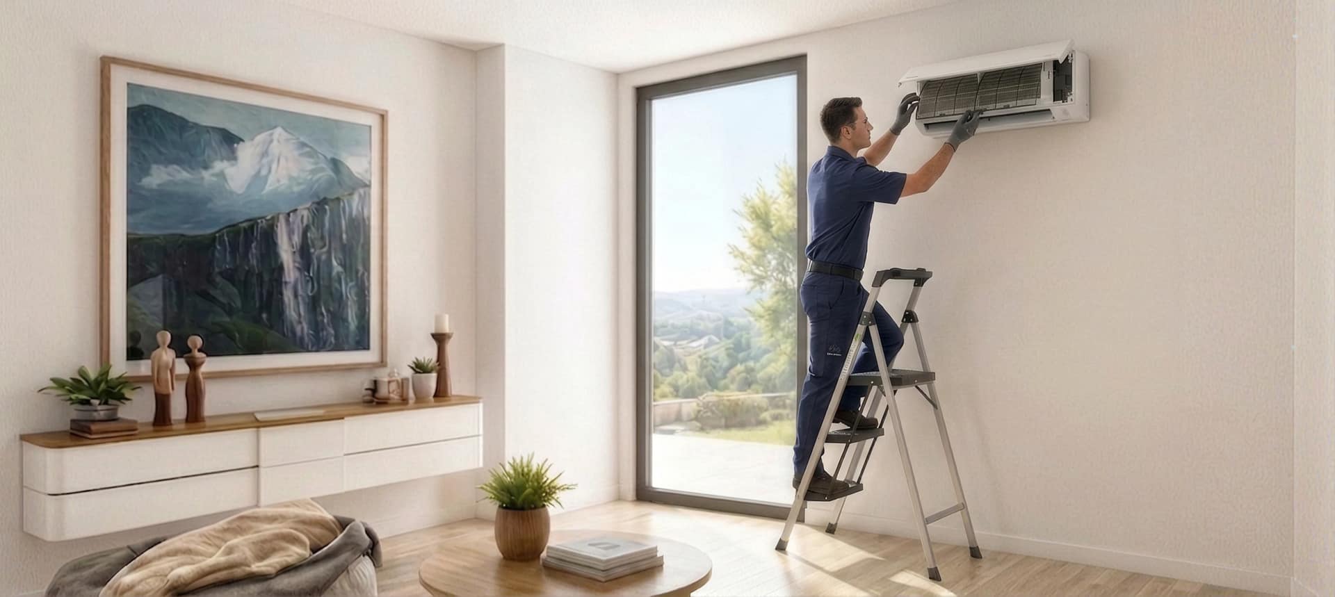 Technicien Klivio installant une unité murale de climatisation réversible dans un séjour