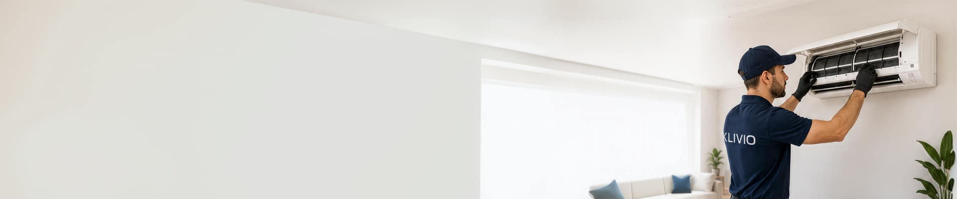 Technicien Klivio installant une unité murale de climatisation dans un salon
