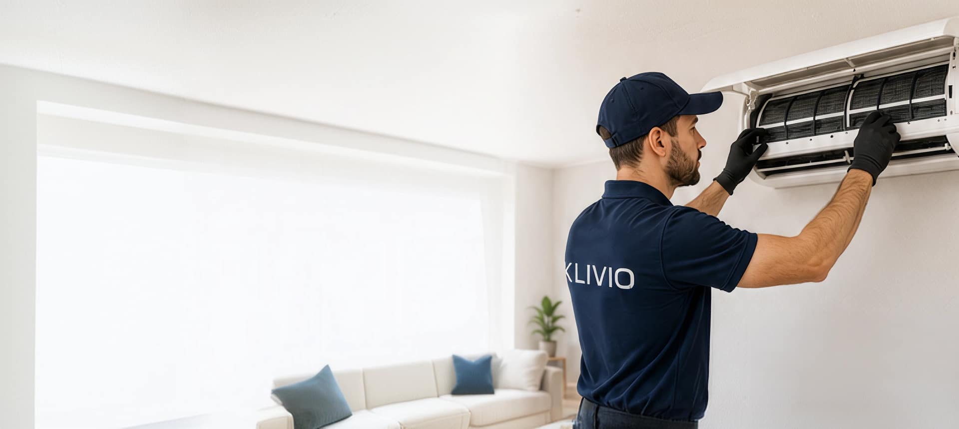 Pose d'une unité extérieure de pompe à chaleur air-air par un technicien Klivio