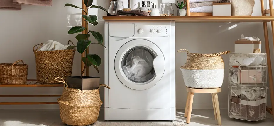 Buanderie équipée d'un lave-linge, éclairée par la lumière du jour