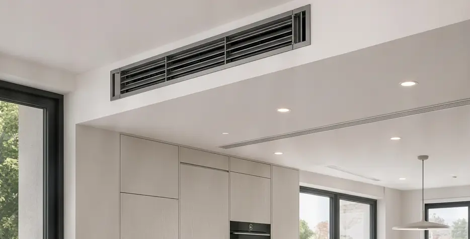 Grille de diffusion d'un système de climatisation gainable intégrée au plafond